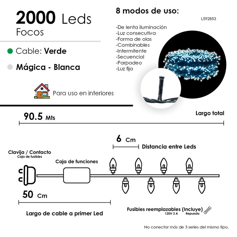 Serie Navide&ntilde;a 2000 Led Luz Blanca 90mts Cable ... image number null