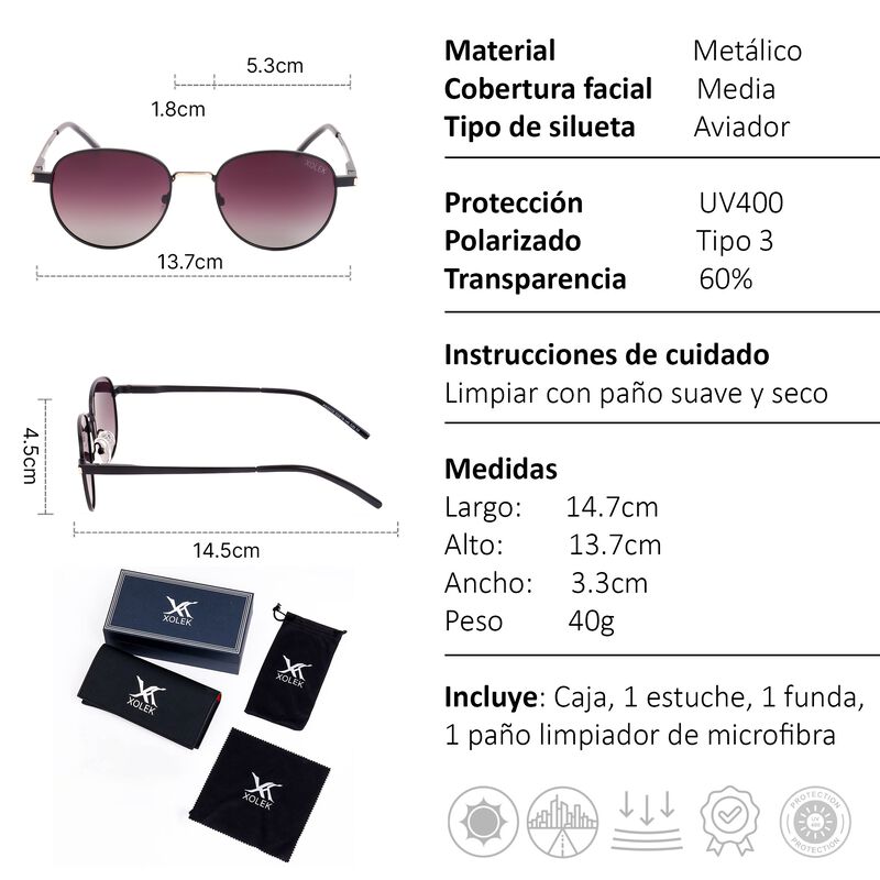 Lentes De Sol Xolek 135 Aviador Met&aacute;lico Uv Pol... image number null