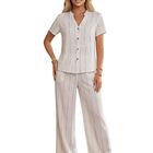 Conjunto 2 Piezas A Rayas Malabis Conj-0166 Blanco Pantalon Amplio Mas Blusa Manga Corta