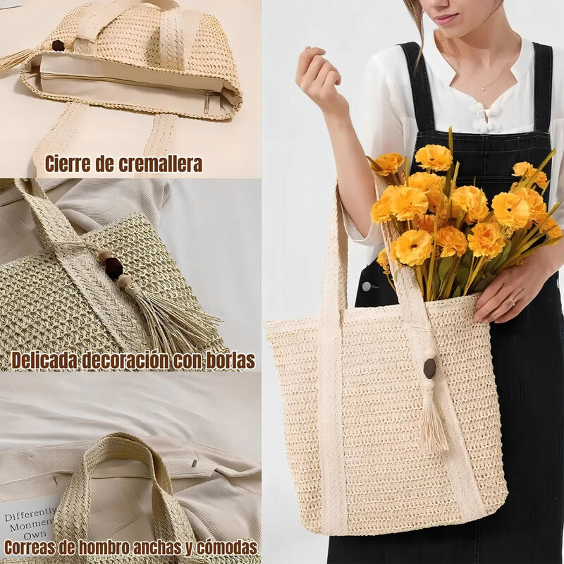 Tote Bag Paja Beige Claro Bohemio Playa Verano image number null