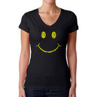 Camiseta De Cuello En V Word Art Para Mujer - Be Happy Smiley Face- Negro