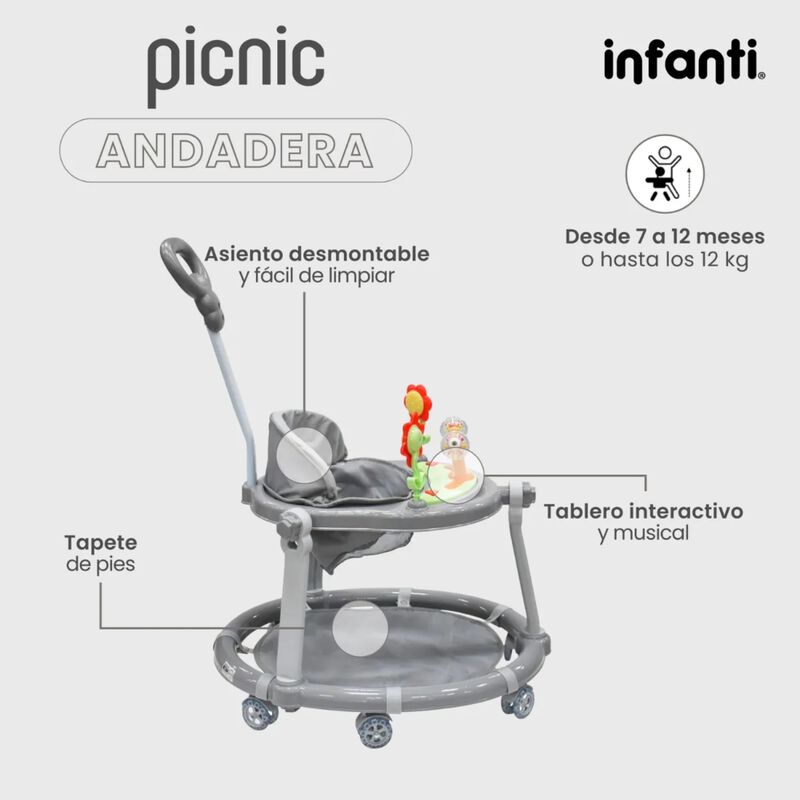 Andadera Picnic 3 En 1  Interactiva Gris image number null