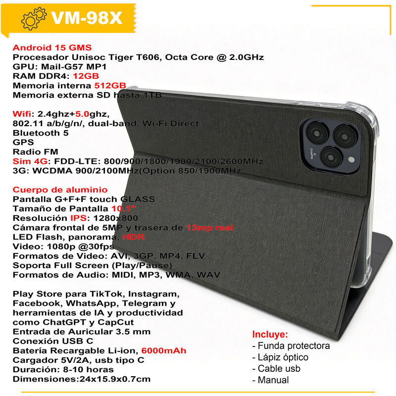 VAK TABLET 98X 10" OCTACORE 12+512 LAPIZ ANDROI... image number null