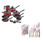Bater&iacute;a de Cocina Tramontina 13 Piezas Rojo Granito + Cuchillos Colorcut Pastel 6 Piezas END
