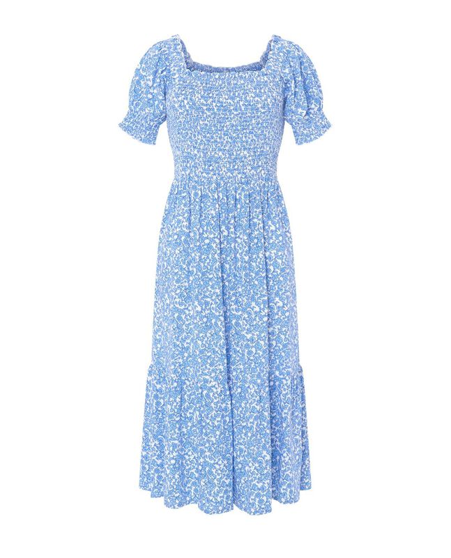 Vestido Largo con Flores y Nido de Abeja Azul image number null