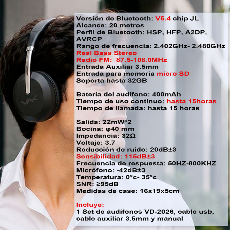 Aud&iacute;fonos VAK 2026 Bluetooth 3.5mm Fm Sd Diadem... image number null