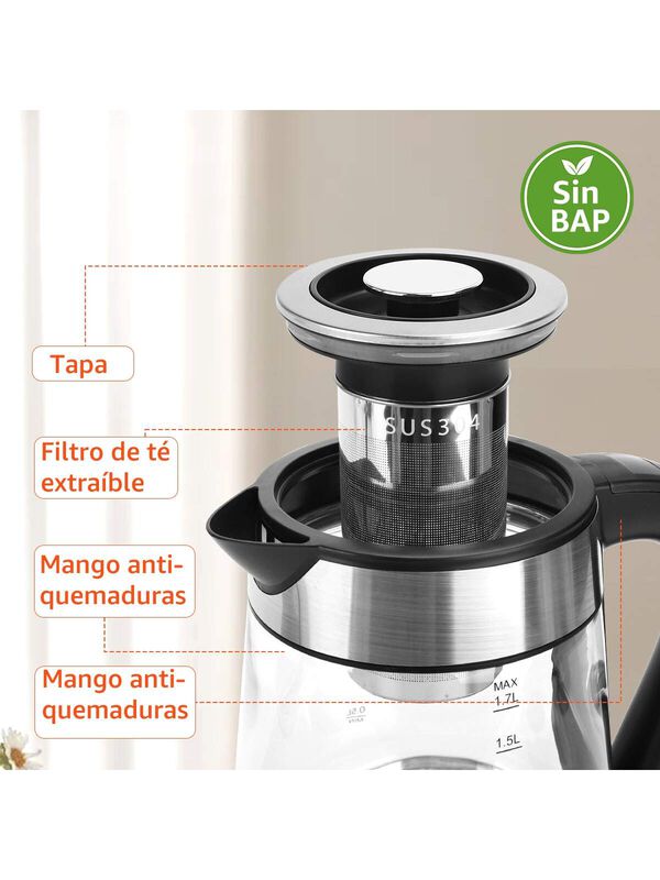 Tetera El&eacute;ctrica De Vidrio Con Infusor 1.7l 120... image number null