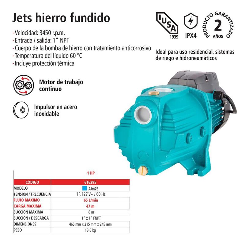 Bomba de agua el&eacute;ctrica tipo jet 1 HP image number null