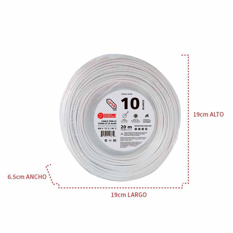 Cable Thhw-ls Rohs Calibre 10 Awg Blanco 20m image number null