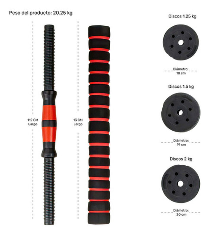 Mancuernas Ajustables 20kg 12 Pesas Barra Recta... image number null