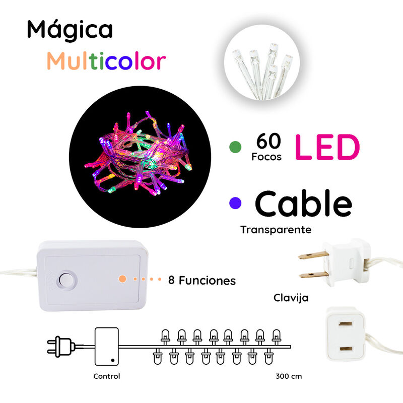 Tira Decorativa 60 Focos Luz Led Multicolor 8 F... image number null