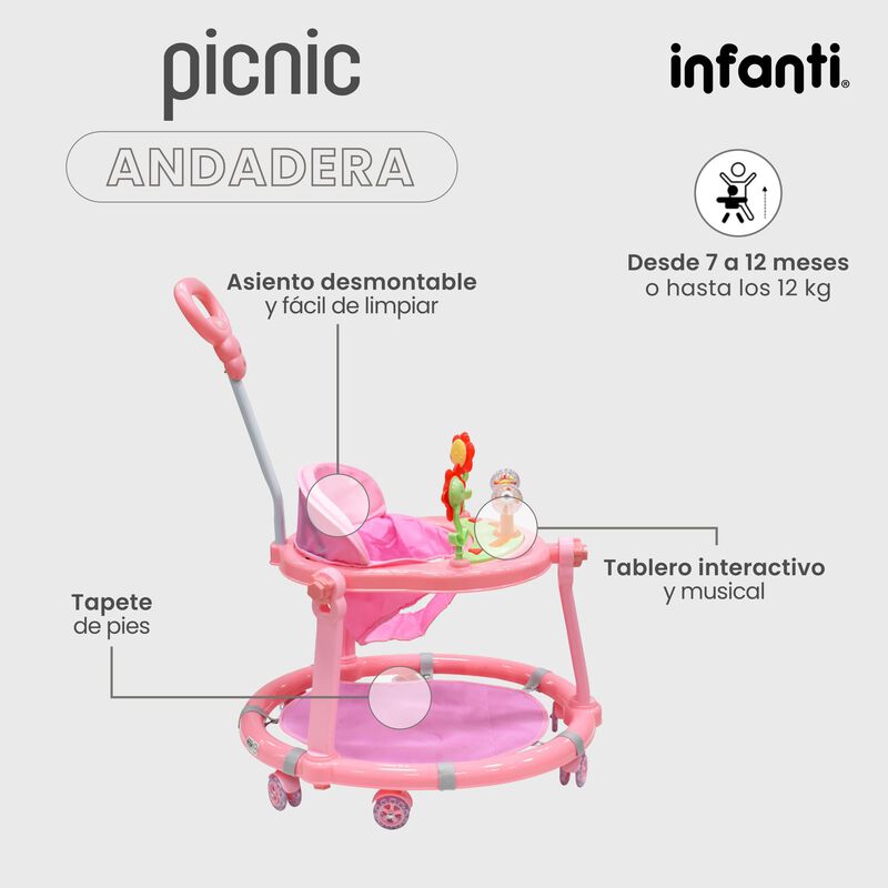 Andadera Picnic 3 En 1  Interactiva Rosa image number null