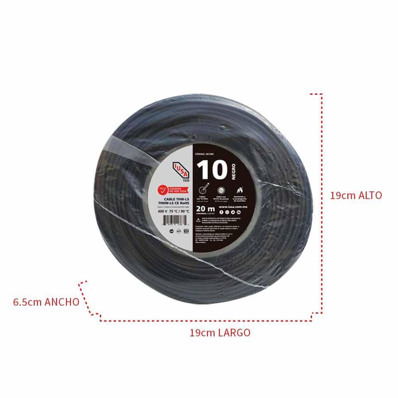 Cable Thhw-ls Rohs Calibre 10 Awg Negro 20m image number null
