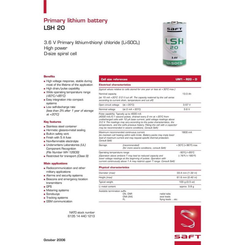 PILA SAFT INDUSTRIAL D LSH20 3.6V 13AH image number null