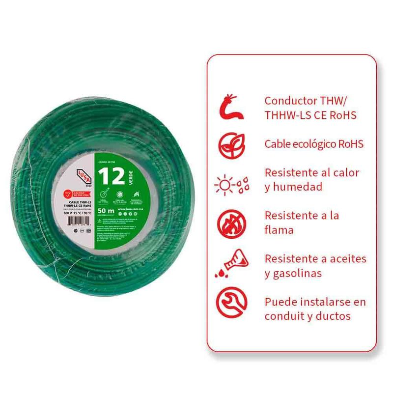 Cable Thhw-ls Rohs Calibre 12 Awg Verde 50m image number null
