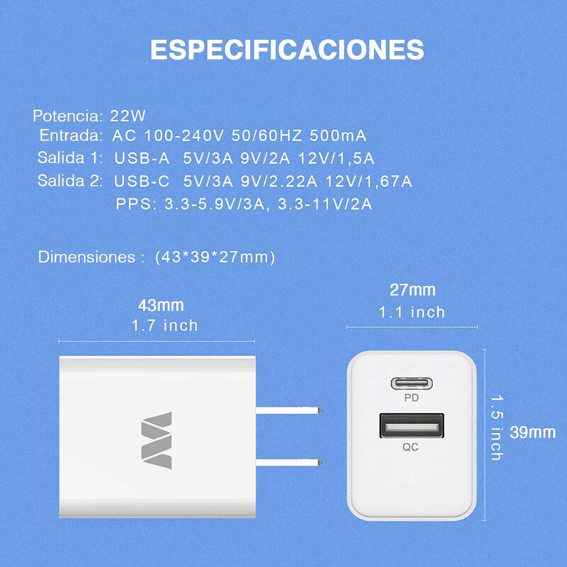 Cargador Ac Mybat 22w Dual Usb-c Usb-a Universa... image number null