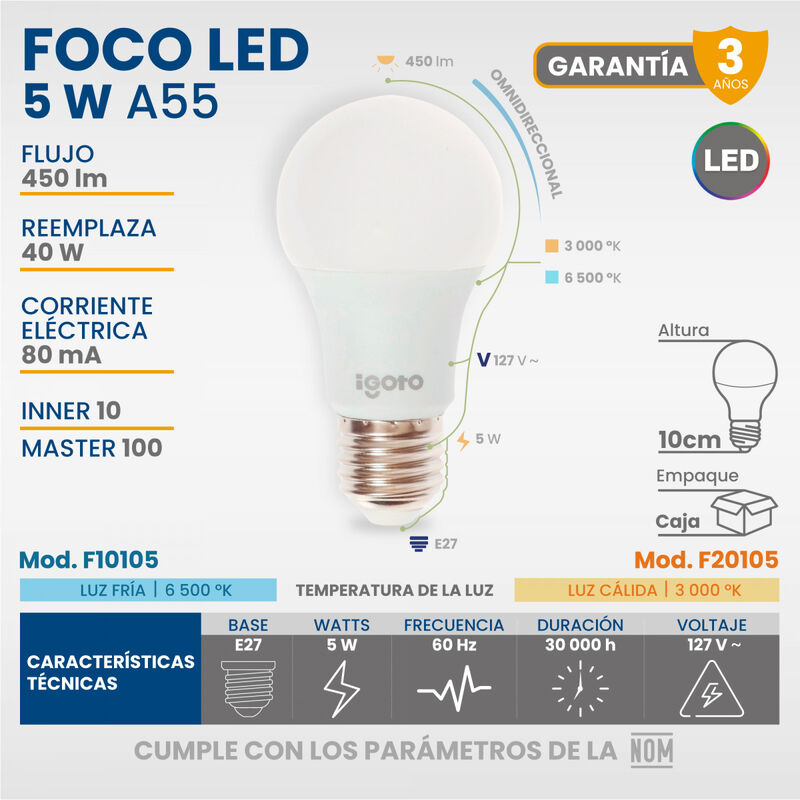 Paquete De 10 Focos Led A55 Multivoltaje E27 5w... image number null