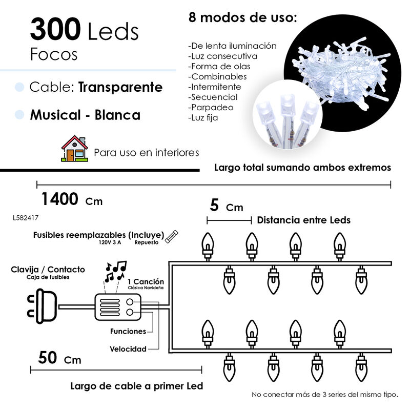 Serie Musical LED Blanco 300 focos Cable Transp... image number null