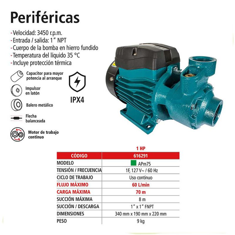 Bomba de agua el&eacute;ctrica perif&eacute;rica 1/2 HP image number null