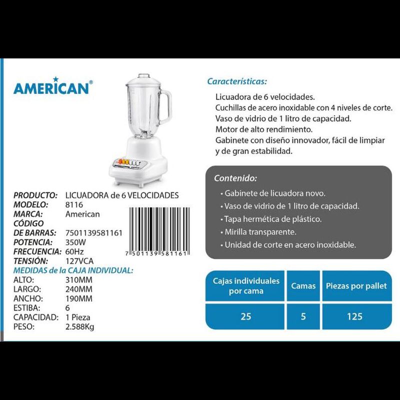 LICUADORA AMERICAN 8116R 6 VEL VASO VIDRIO image number null
