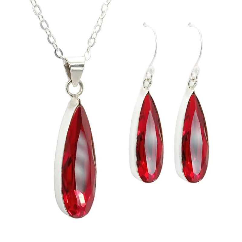 Collar y aretes Gota Rojo 30mm con plata .925 Z... image number null