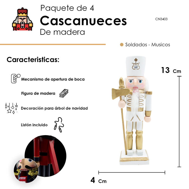 Set 4 Cascanueces De Madera 13cm Blanco Y Dorad... image number null