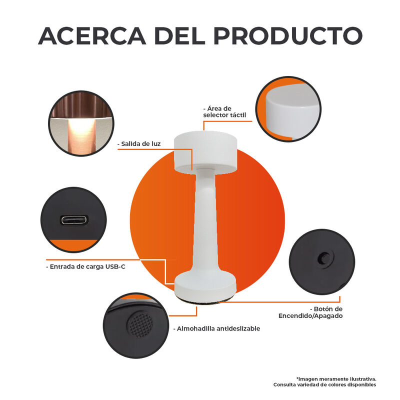 Lámpara de Mesa LED 3 W Portátil, Recargable, L... image number null