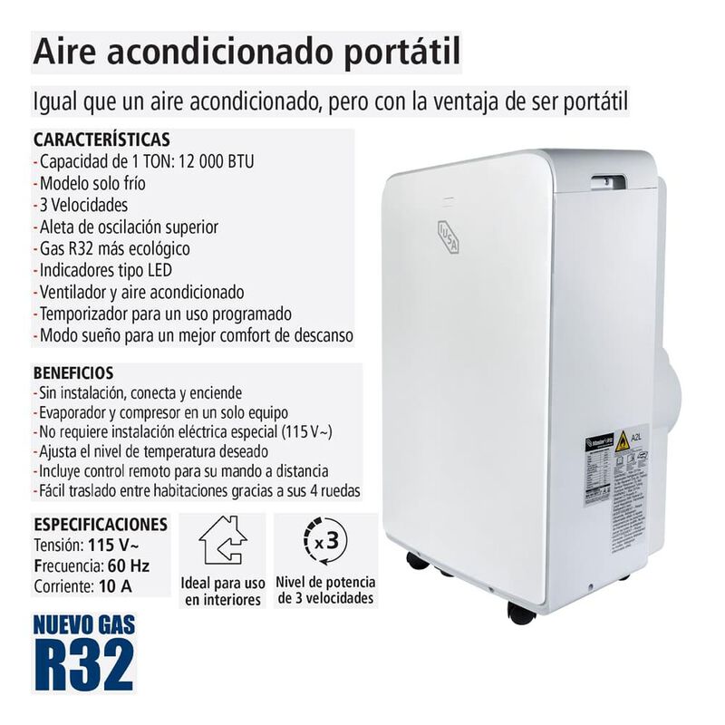 Aire acondicionado port&aacute;til 1 TON, 12,000 BTU, ... image number null