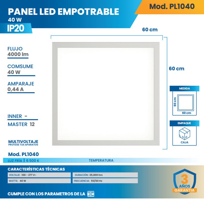 Paquete De 12 Paneles  Led Empotrable  40 W 60x... image number null