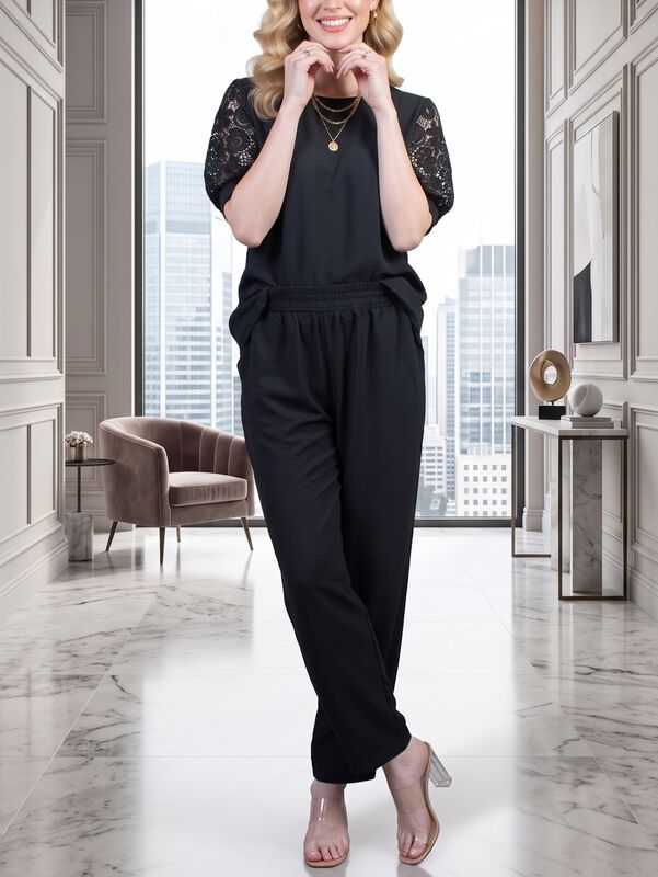 Conjunto 2 Piezas, Blusa Con Mangas De Encaje Y... image number null