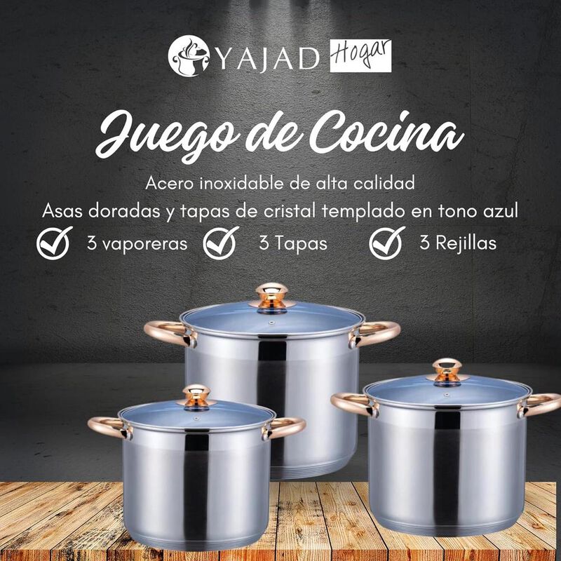 3 OLLAS VAPORERAS CON REJILLA 9L, 11.1L Y 13.5L... image number null