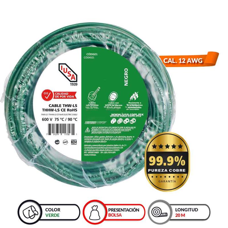 Cable Thhw-ls Rohs Calibre 12 Awg Verde 20m image number null