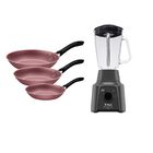 Combo Sartenes Tramontina Linz 3 Pzas Rosa Granito + Licuadora T-Fal 2 Vel Powermix V/Vidrio Gris ALB/END