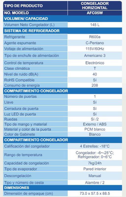 Congelador Horizontal Aurus MOD. AFC05W 5P3 image number null