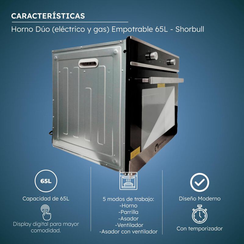 Horno d&uacute;o el&eacute;ctrico/gas empotrable 65L Shorbull image number null