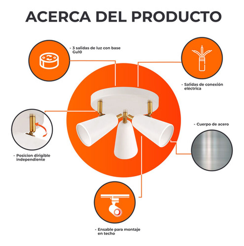 L&aacute;mpara Spot De Sobreponer Dirigible 3 Bases Gu... image number null