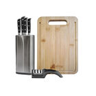 Combo HUDSON 4 Cuchillos Profesionales Inoxidable + Afilador 3 Pasos + Tabla Bamb&uacute; 27x19cm