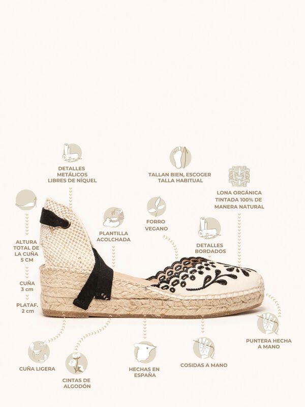 Alpargata Romero Cu&ntilde;a Baja Lona Bordada Negra image number null