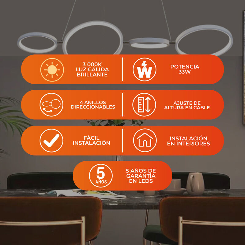 L&aacute;mpara Colgante LED 4 Anillos 33 W, 1.50 m de ... image number null