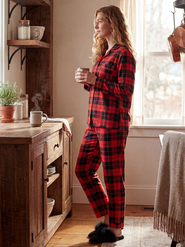 Pijama Navide&ntilde;a para Mujer con Botones Tela Sua... image number null