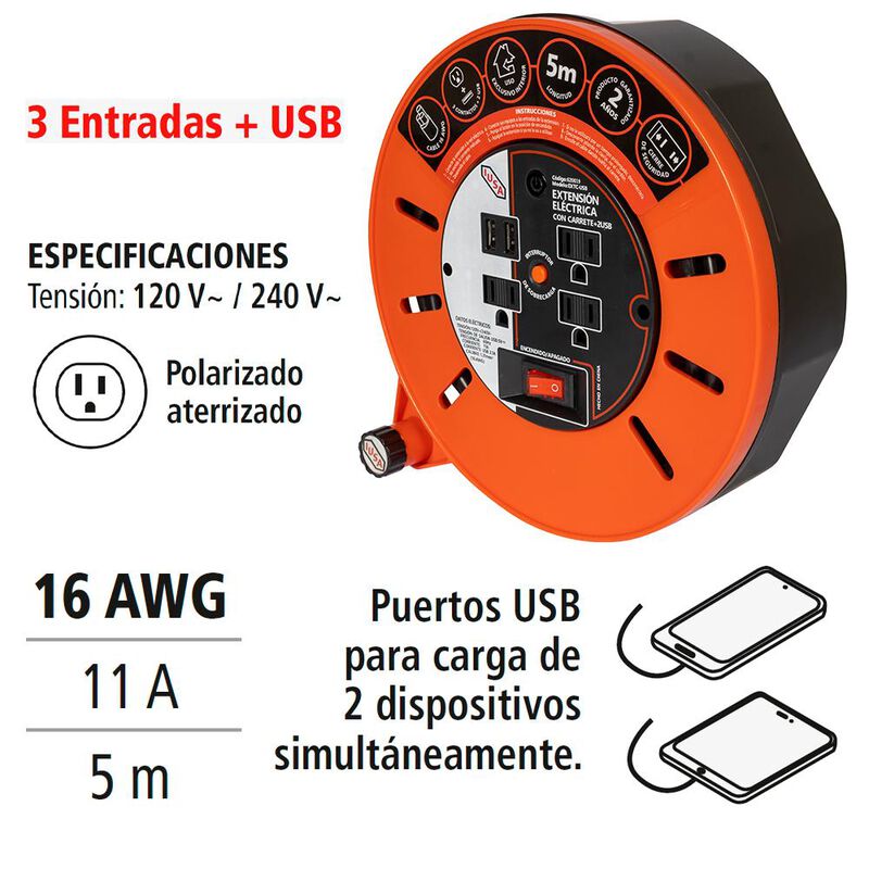 Extensi&oacute;n El&eacute;ctrica D'carrete Iusa, 5m, 3 Entra... image number null
