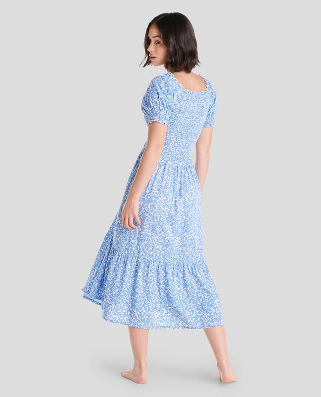 Vestido Largo con Flores y Nido de Abeja Azul image number null