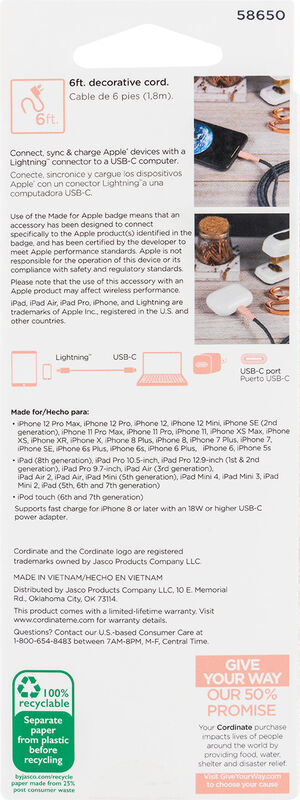 Cable USB-C to Lightning 6ft Coral image number null