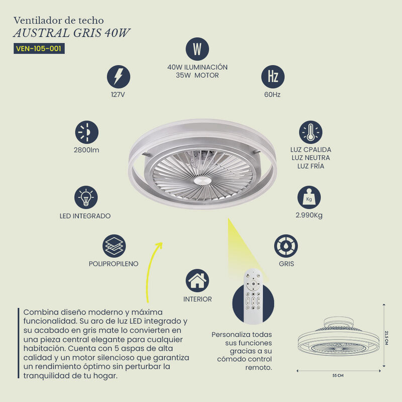 Ventilador de Techo LED Austral Gris 40W Contro... image number null