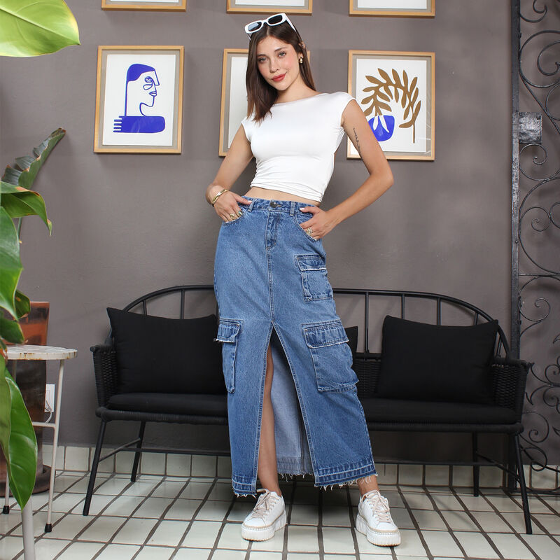 Maxifalda Mujer Tiro Alto Algod&oacute;n Azul Medio image number null