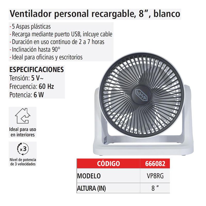 Ventilador personal recargable, 8", blanco, IUS... image number null