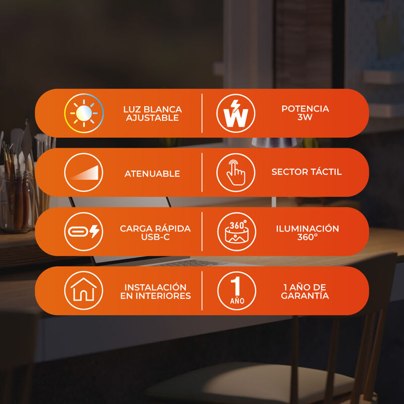 Lámpara de Mesa LED 3 W Portátil, Recargable, L... image number null