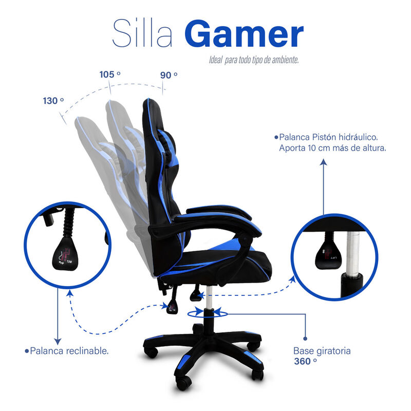 Silla Gamer Negro/Azul con Altura Ajustable image number null