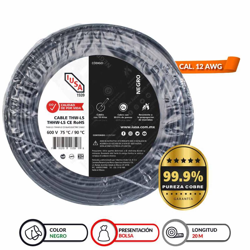 Cable Thhw-ls Rohs Calibre 12 Awg Negro 20m image number null