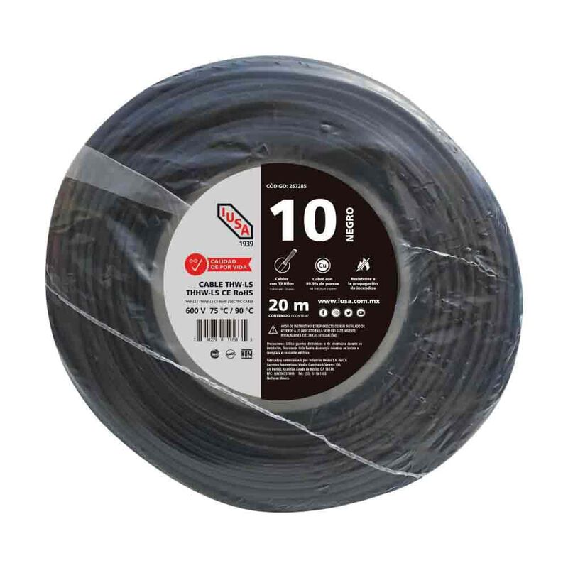 Cable Thhw-ls Rohs Calibre 10 Awg Negro 20m image number null